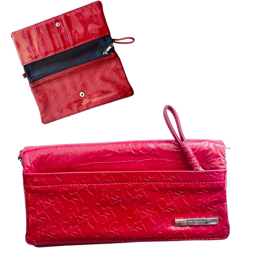 Kenneth Cole Reaction Women's Patent LEATHER WALLET Red Zip Snap Clutch Purse